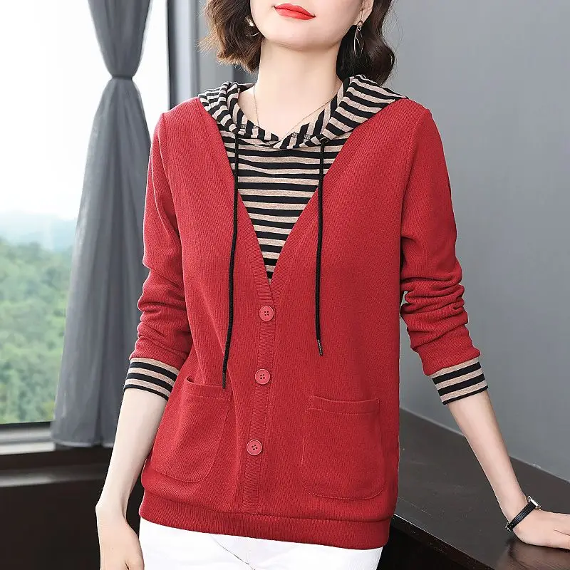 Fake Two Pieces Hooded Sweatshirts Female Clothing Casual Drawstring Spring Autumn Fashion Solid Color Striped Spliced Pullovers
