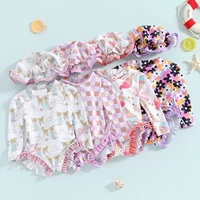 Cute Sweet Style Baby Girls Rash Guard Swimsuit Beach Wear Long Sleeve Floral Print Bathing Suit For Infant Swimwear with Hats 3