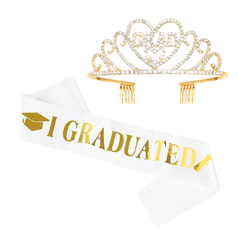 

2023 Graduation Party Decoration "I Graduated" Satin Graduate With Rhinestone Crown Photo Booth Props For Gradute Supplies