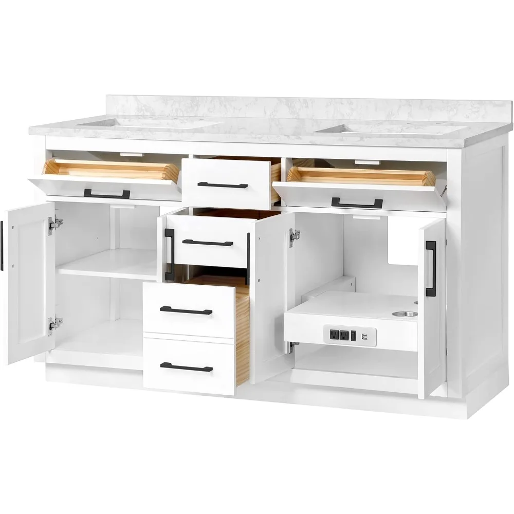 60" Double Undermount Sink Bathroom Vanity with Cultured Marble Countertop, Backsplash Included, 4 Doors 5 Drawers and Power Bar 3