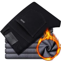 Autumn Winter Fleece Stretch Jeans Black Fashion Slim Comfortable Cotton Straight Trousers Warm Male Brand Clothing Denim Pants