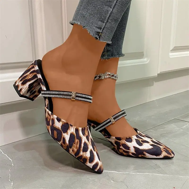Baotou High-heeled Sandals for Women 2025 Summer New Style, Leopard Print Two-wear Pointed-toe Thick-heeled Slippers for Women
