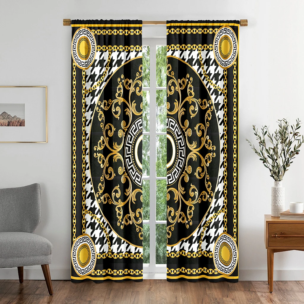 

3D Print Modern Luxury Brand Design Black and Gold Pattern Thin Shading Cloth Curtain for Living Room Bedroom Decor Hooks