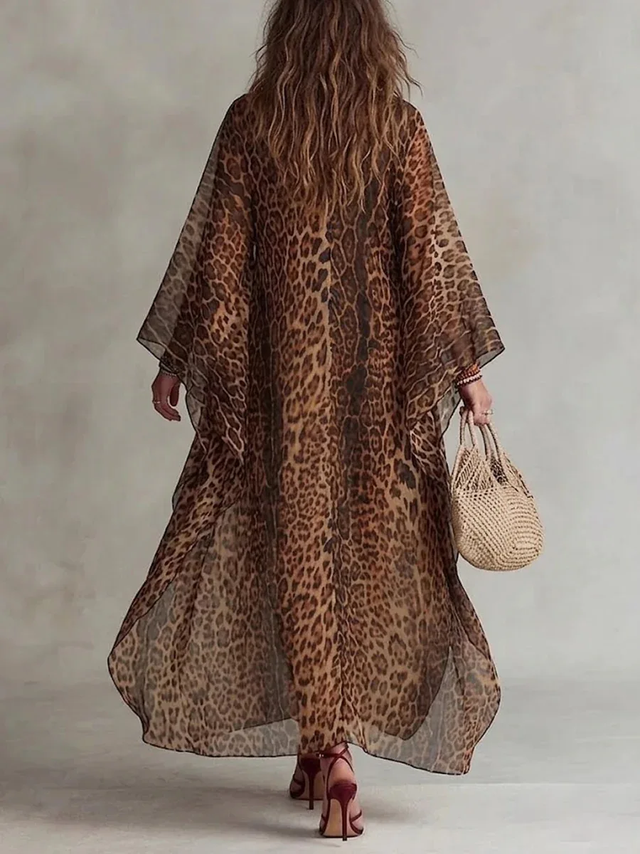 Vintage Chiffon Leopard Dress Deep V Neck Batwing Sleeve Maxi Caftan Dress Casual Loose Summer Beach Cover Up Dresses for Women