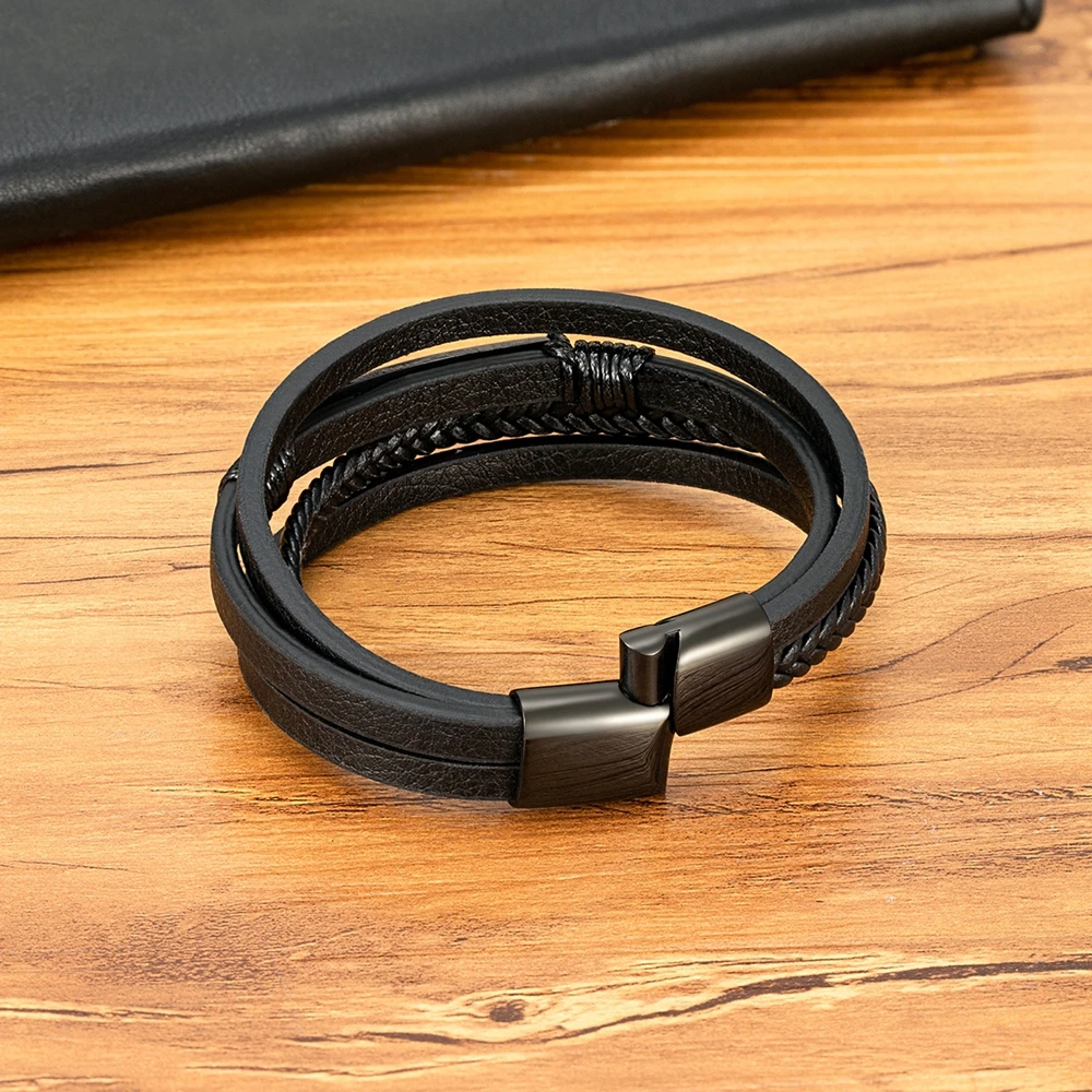 XQNI Multi-layer Braided leather bracelet Men Cool Trend Stainless Steel Casual Buckle Bracelet Jewelry Accessories Gift