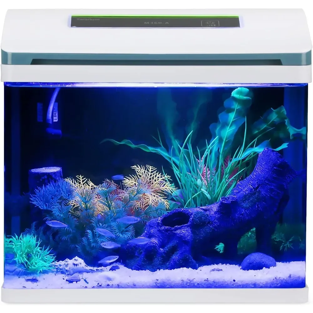 

Fish Tank Glass 5 Gallon Self Cleaning Small Aquarium Starter Kits Desktop Room Decor W/LED Light & Filters Water Pump Fishbowl