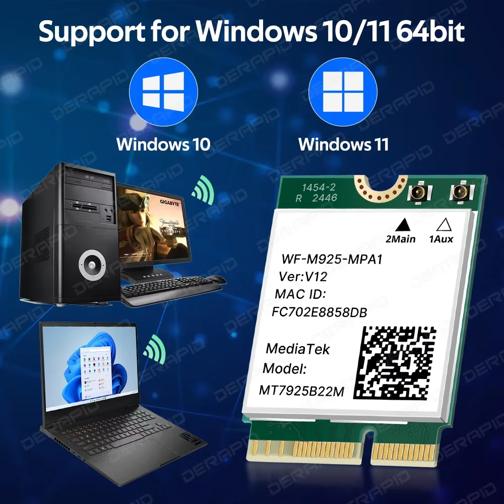 MT7925 WiFi 7 M.2 어댑터 6500Mbps 블루투스 5.4 802.11be 네트워크 카드(Windows 10 11용) AX210NGW보다 우수함 노트북/PC 지원