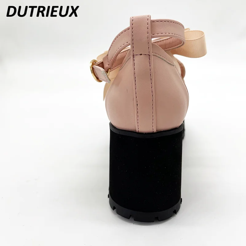 Japanese Heart Rhinestone Buckle Round Head Chunky Heels Women's 2023 Spring and Autumn High Heel Shoes Patent Leather Pump