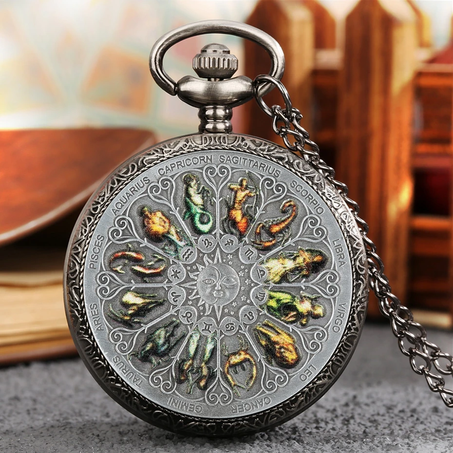 

Retro Gray 12 Constellations Astrology Pattern Quartz Pocket Watch Necklace Chain Birthday Gifts Pendant Watch for Friend Unisex