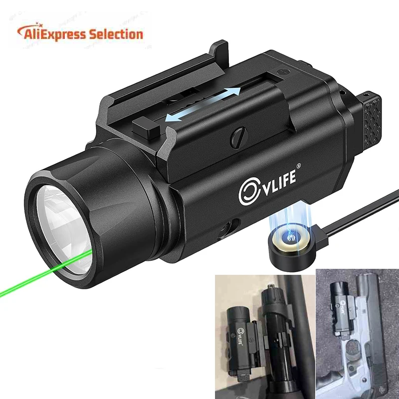 Picatinny Flashlight 1500 Lumens Green Laser Light Combo For Pistol Strobe Memory Adjustable Rail Magnetic Rechargeable Tactical
