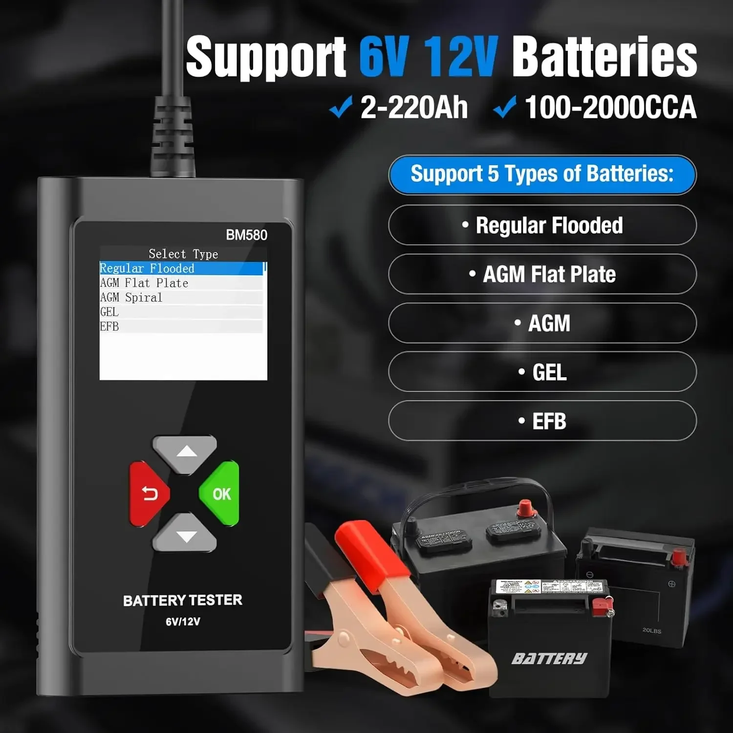 Car Battery Tester 6V 12V BM580 100-2000CCA Analyzes Cranking Charging Voltage Tests Battery Capacity Automotive
