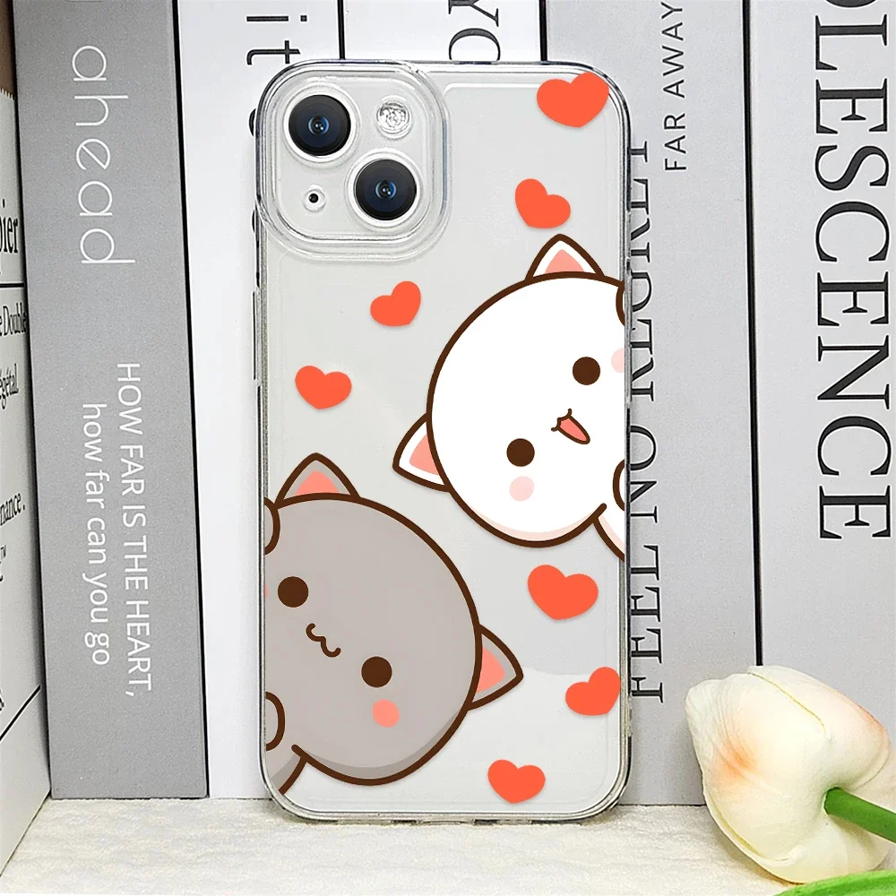 Cartoon Peach Mochi Cat Couple Transparent Soft Phone Case
