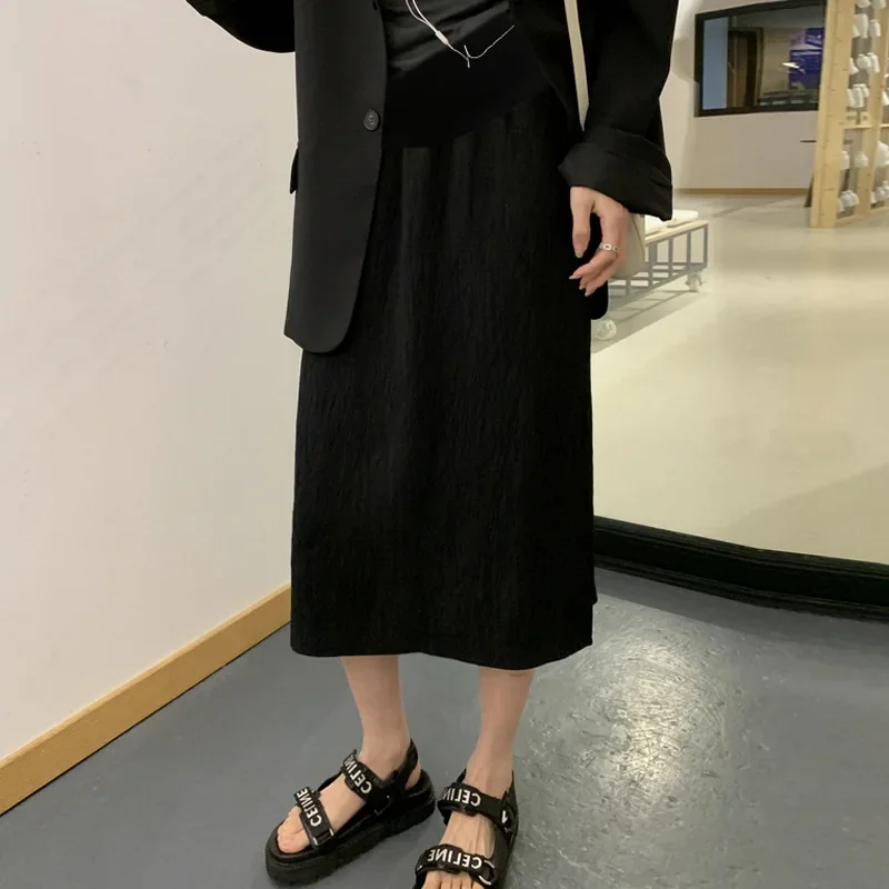 Maternity Midi Skirt Textured Folded Women Summer Thin Loose Long Straight Slit Skirts Maternity Dresses Female Belly Cover