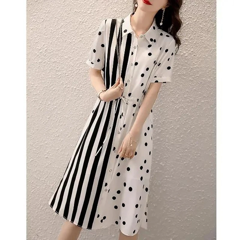

Fashion Shirring Bandage Striped Spliced Polka Dot Shirt Dress Women's Clothing 2024 Summer New Loose Commuter Casual Dresses