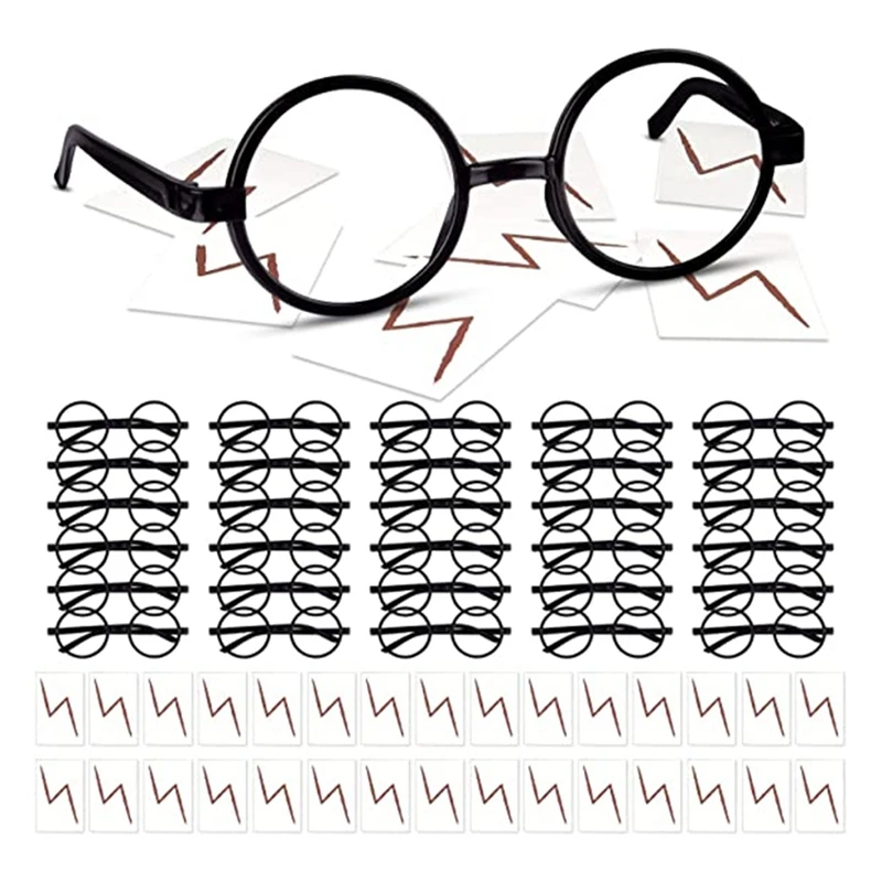

30 PCS Wizard Round Glasses Frame No Lenses Eyeglasses Plastic With 30 Pieces Bolt Tattoos For Kids Halloween Party