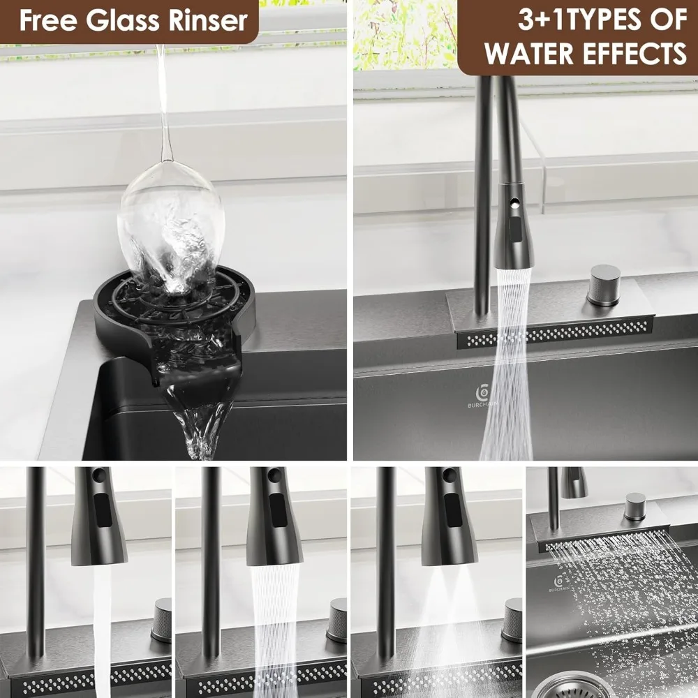 33in Waterfall Kitchen Sink with Faucet Single Bowl Drop in Sinks, 16 Gauge Stainless Steel, Kitchen Sink with 7 Accessory 2