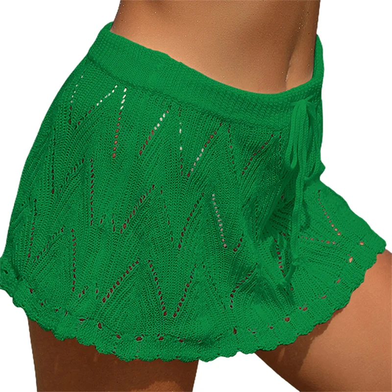 Falda de playa para mujer, de verano, de color liso, con cordón, de cintura alta, de punto, minifalda, traje de baño informal