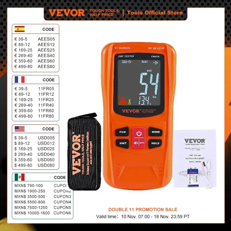 Emf Meter Tester VEVOR 3-in-1 EMF Meter 5Hz-6GHz Handheld Rechargeable Electromagnetic Field Radiation Detector Digital LCD