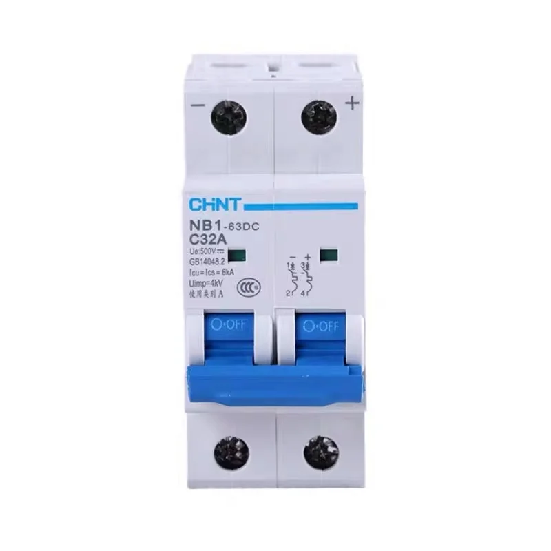 Mini Interruptor da C.c. Chint Nb163dc 1p 2p 4p Dc500v 6ka C1a 2a 3a 4a 5a 6a 10a 16a 20a 25a 32a 40a 50a 63a