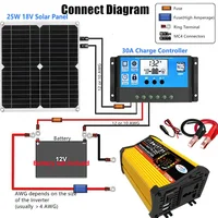 Système d'alimentation solaire 12V à 110V/220V, 25W, 30A, contrôleur de charge, onduleur à onde sinusoïdale modifiée, kit de production d'énergie 1