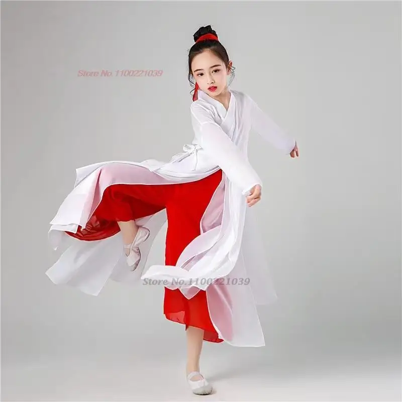 2026 중국 어린이 민속 무용 의상 빈티지 메쉬 탑+바지 세트 쉬폰 무대 무용복 레트로 공연 공주 한복