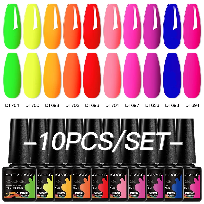 MEET ACROSS 10Pcs/Set Sparkly Glitter Red Pink Gel Nail Polish Fluorescent Semi Permanent Nail Art UV Gel Varnish Manicure Kits 2