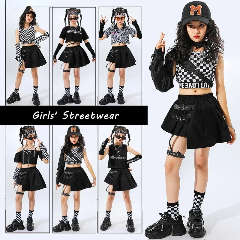 

Girls Hip Hop Plaid Crop Top Strap Skirt Child Streetwear Cool Goth Clothes Sets Street Dance T-Shirt Kids Summer Jazz Costumes