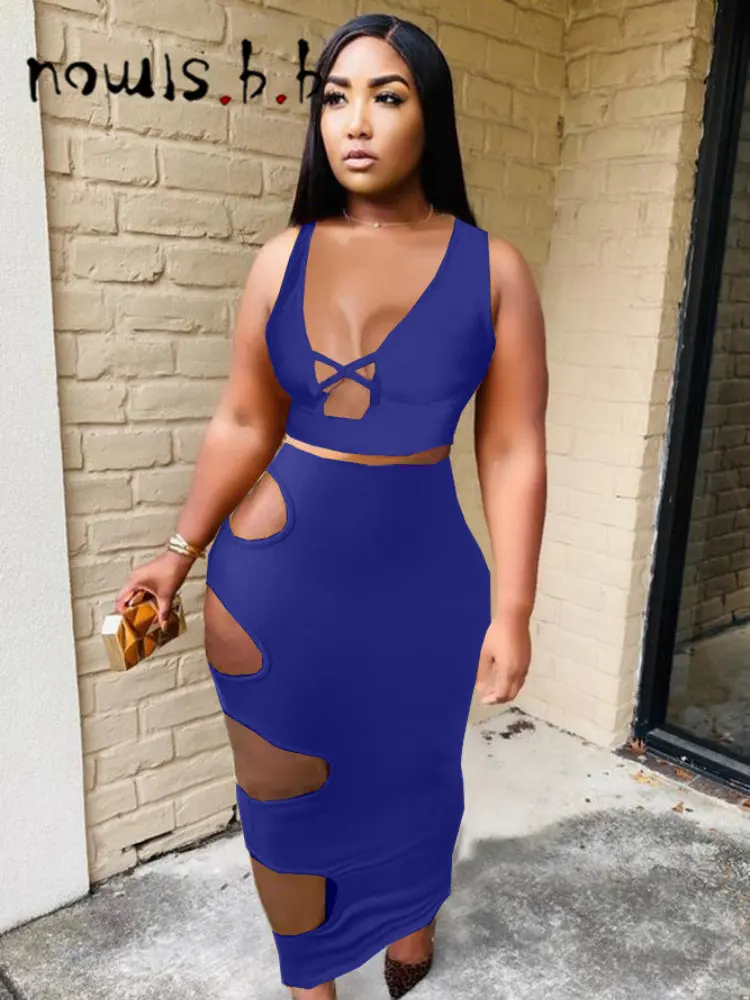 

NOWISBB Women's Set Summer Fashion Hanging Neck Sexy Top+Solid Color Perforated Hip Wrap Skirt Two Piece Sets Womens Outifits