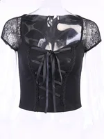 Vintage hauts Goth T-shirt femmes moulante pansement dentelle noir T-shirts gothique Streetwear Sexy femme haut décontracté maille T-shirts 5