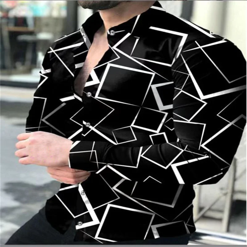 Men's shirts 3D square plaid printed long sleeve shirt lapel single-breasted fashion street fashion casual cardigan shirt 2023