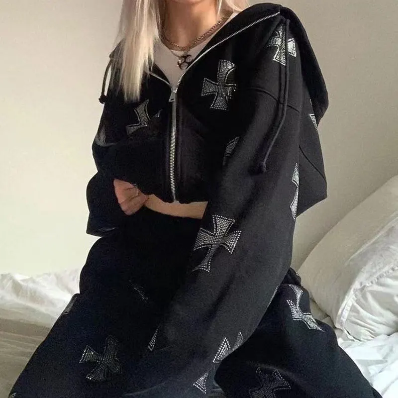 Y2K Gothic Rhinestone Print Oversize Zip Up Hoodies 2023 Winter Grunge Long Sleeve Sweatshirt Casual Hooded Jacket Streetwear