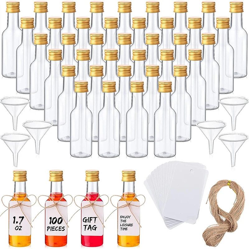 미니 주류병 세트, 1.7oz 미니 플라스틱 샷 병, 빈 스피릿 병, 작은 알코올 병, 6 깔때기 및 태그, 100 개