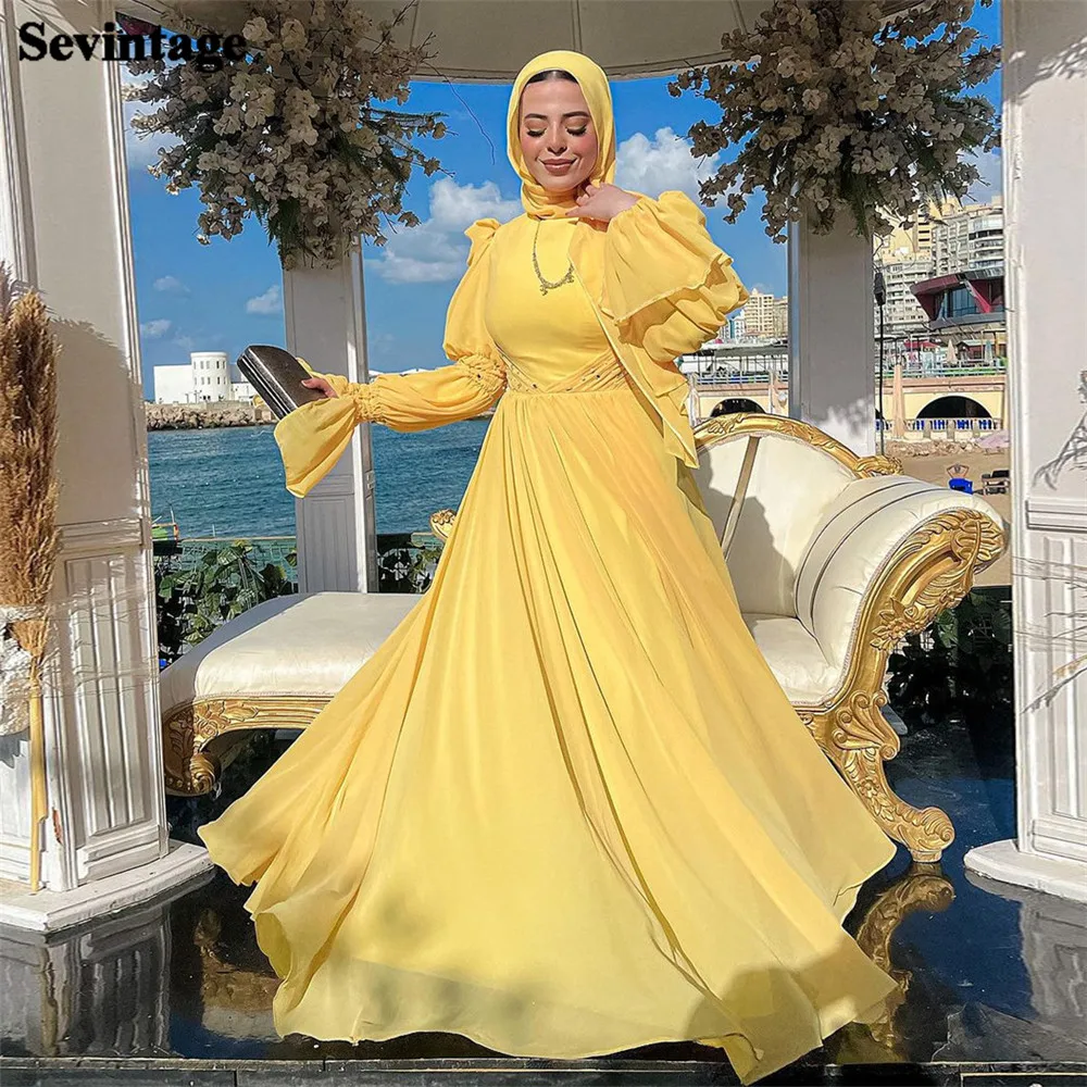 

Sevintage Elegant Saudi Yellow Prom Dress Muslim O-Neck Long Puff Sleeves Pleated Floor Length Party Gown فساتين للحفلات الراقصة