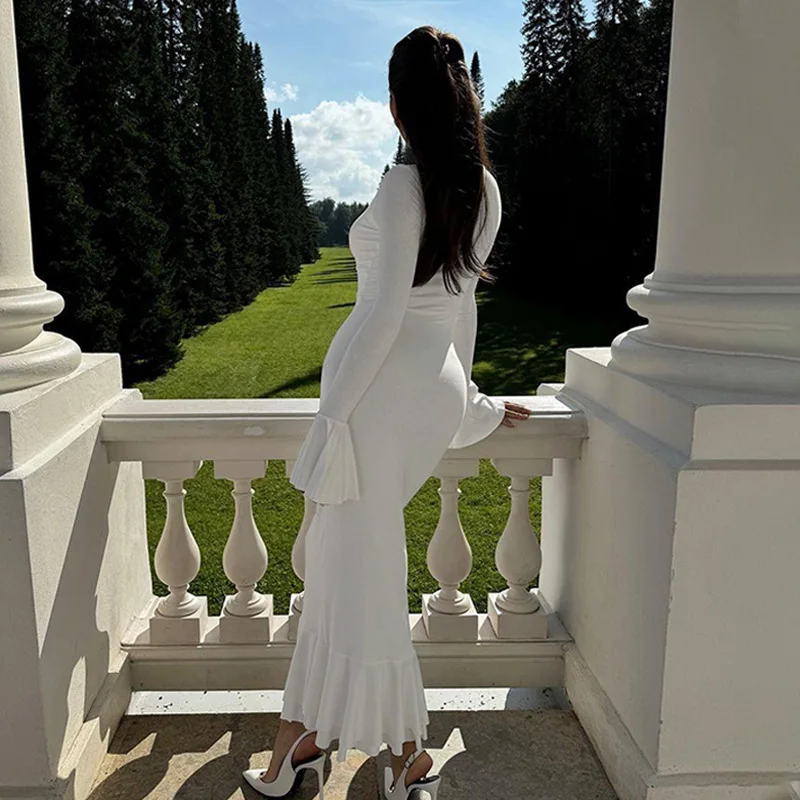Vestido largo de otoño con volantes para mujer, elegante vestido de fiesta de retazos con cintura alta y manga larga para desplazamientos diarios, ropa femenina