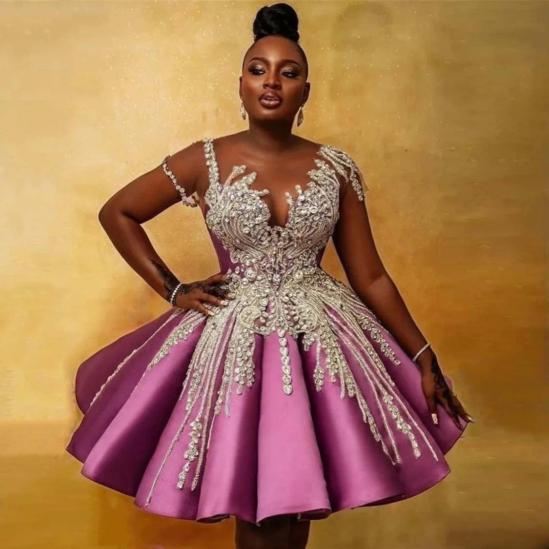 Luxury Crystals Beading Short Prom Dresses African Short Sleeves Puffy  Satin Formal Party Dress Aso Ebi Style Cocktail Gowns - AliExpress 320