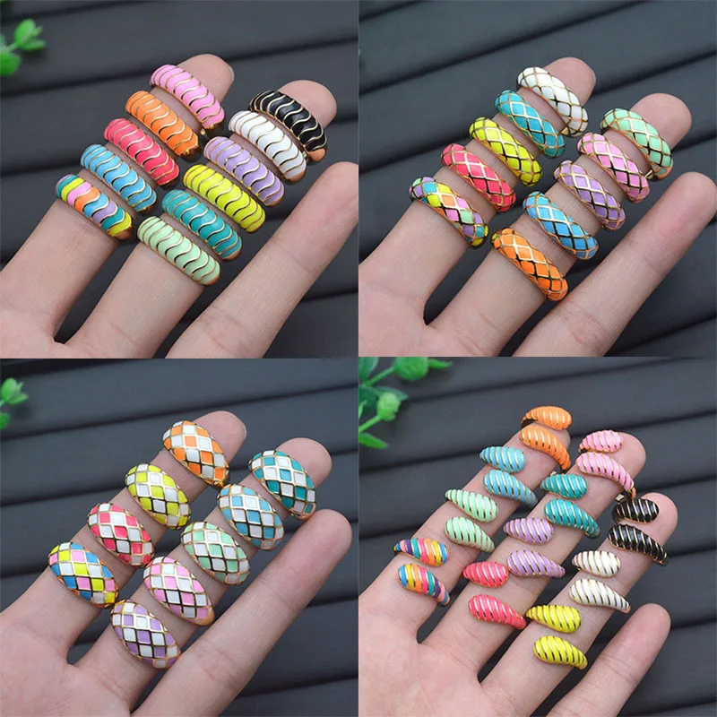 

10pc Copper 18K Gold Plated Colorful Enamel Rings for Women Adjustable Twisted Stripe Grid Cuff Drip Oil Ring Jewelry Wholesale