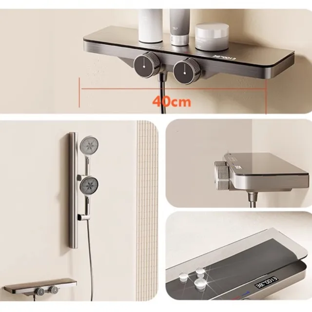 ห้องน้ําก๊อกน้ําชุดทองเหลืองดิจิตอลแสดงสีขาวสีเทาอ่างอาบน้ําก๊อกน้ําสไตล์แผ่นใหญ่ Thermostatic สไตล์ Slid Bar 4