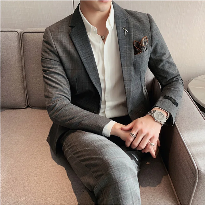 (Jacket+Pant) Latest Design Check Men Suit Groom Wedding Stage Tuxedos Best Costume Men Business Social Suits 2 Piece Set