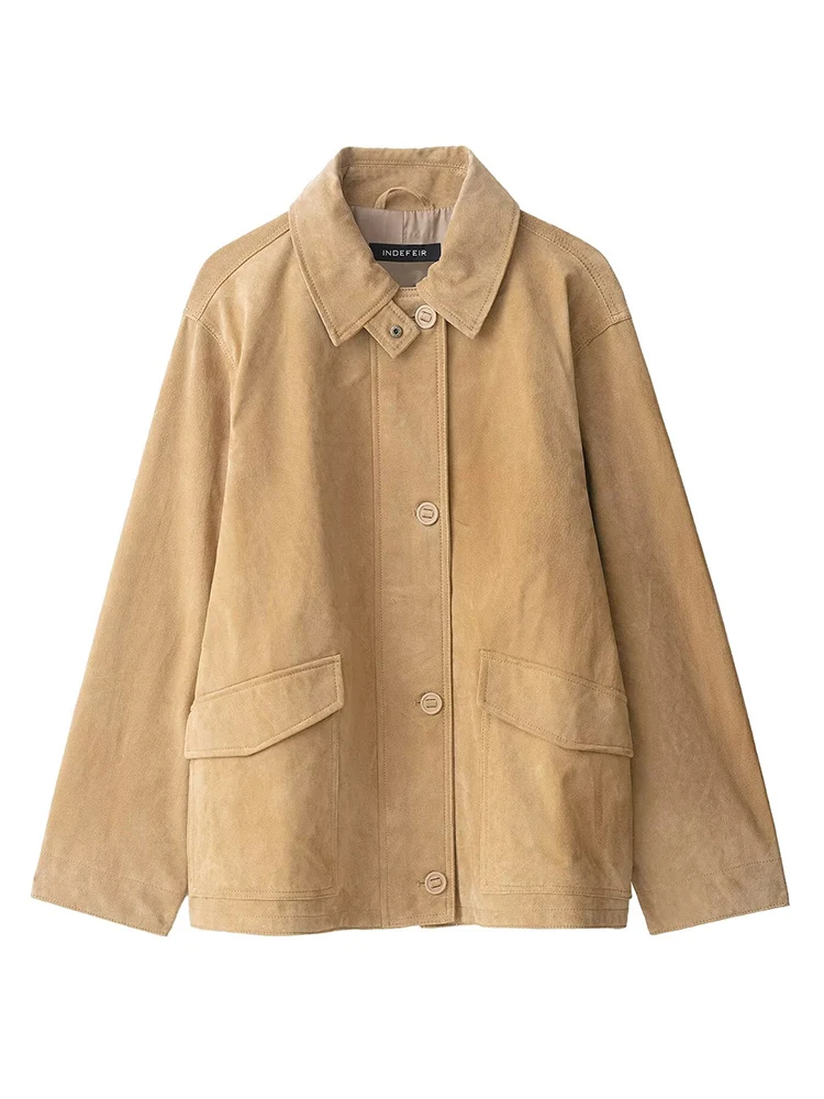 Women Suede Leather Jacket 2025 New Autumn Winter Fashion Long Sleeve Zipper  Coat Chic Female High Street Lapel Outerwear