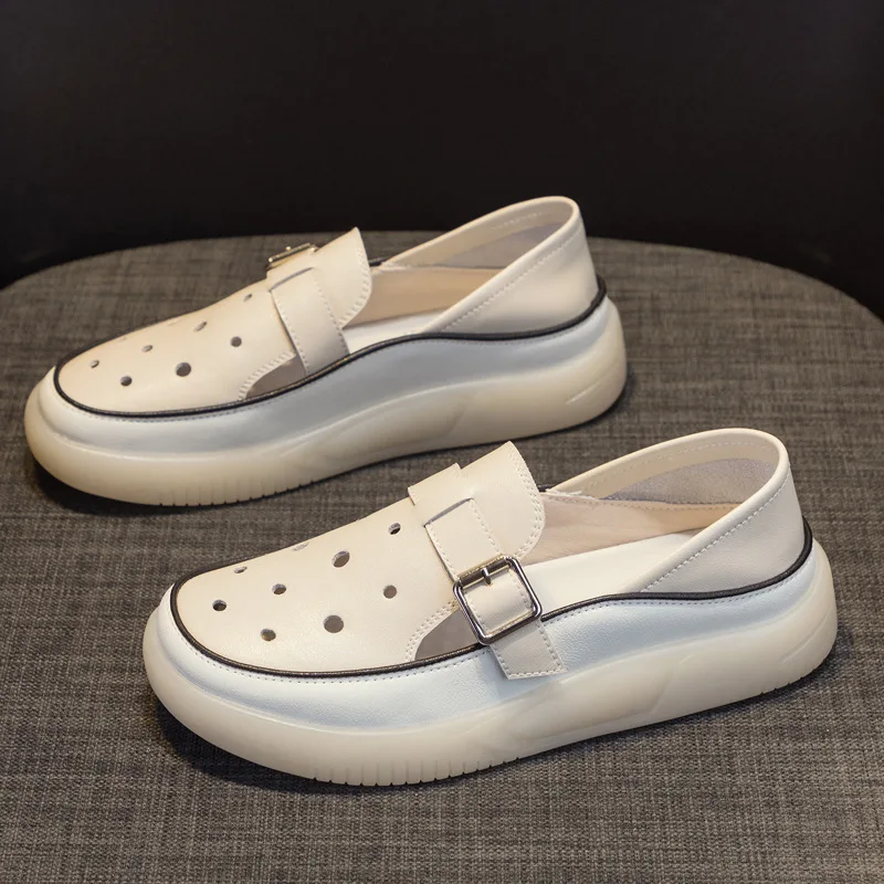 

GKTINOO Loafers Ladies Genuine Leather Large Size Summer Hollow Slip-on White Shoes Women Fashion Casual Soft Sole Flat Shoes