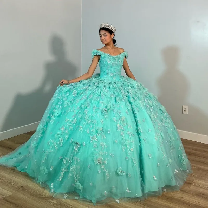 

Sage Green Shiny Quinceanera Dresses Ball Gown Off the Shoulder 3DFlower Applique Crystal Sweet 16 Dresses Birthday Party Dress