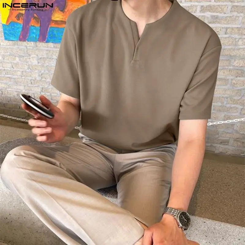 

Casual Party Hot Sale Tops INCERUN New Men Solid Small V-neck Camiseta Handsome Male Solid All-match Short Sleeve T-shirts S-5XL
