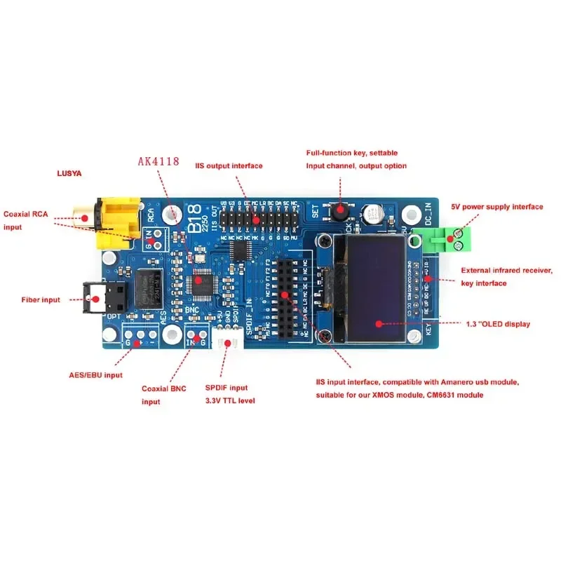 Placa Receptora de Fibra Óptica Coaxial com Display Oled Dlhifi B18 Ak4118 Iso Suporta Xmos Amanero - Image 2