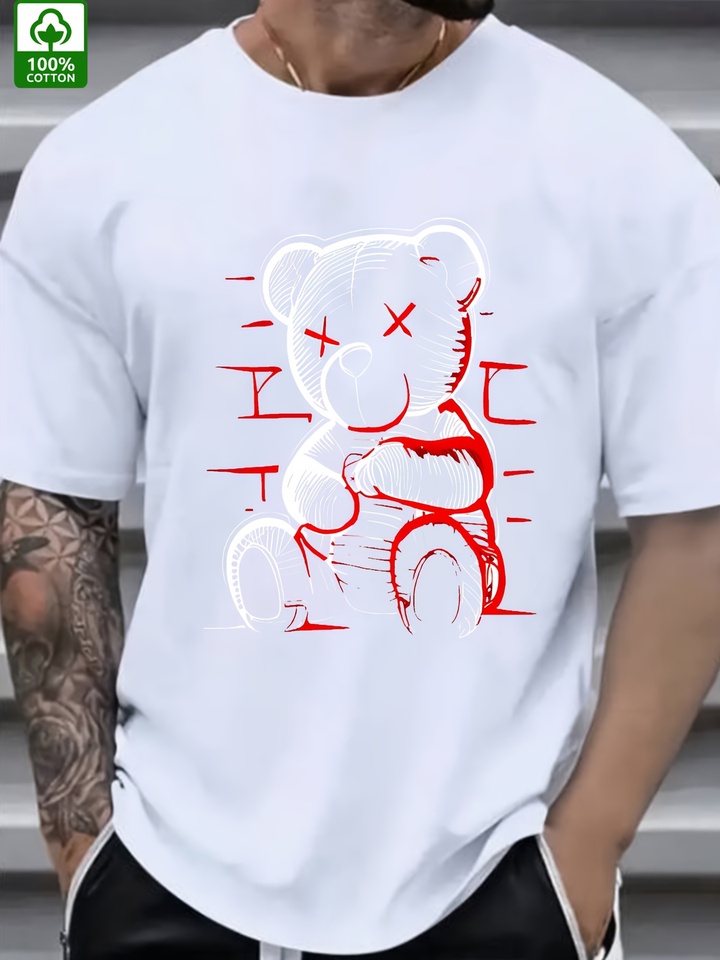 Men's summer 100% pure cotton fashionable casual loose devil bear pattern printed sports round neck short sleeved T-shirt top