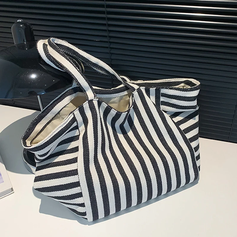Simple Fresh Striped Shoulder Bag Korean Version Of Retro Literary Handbag Fashion Large Capacity Shopping Bag