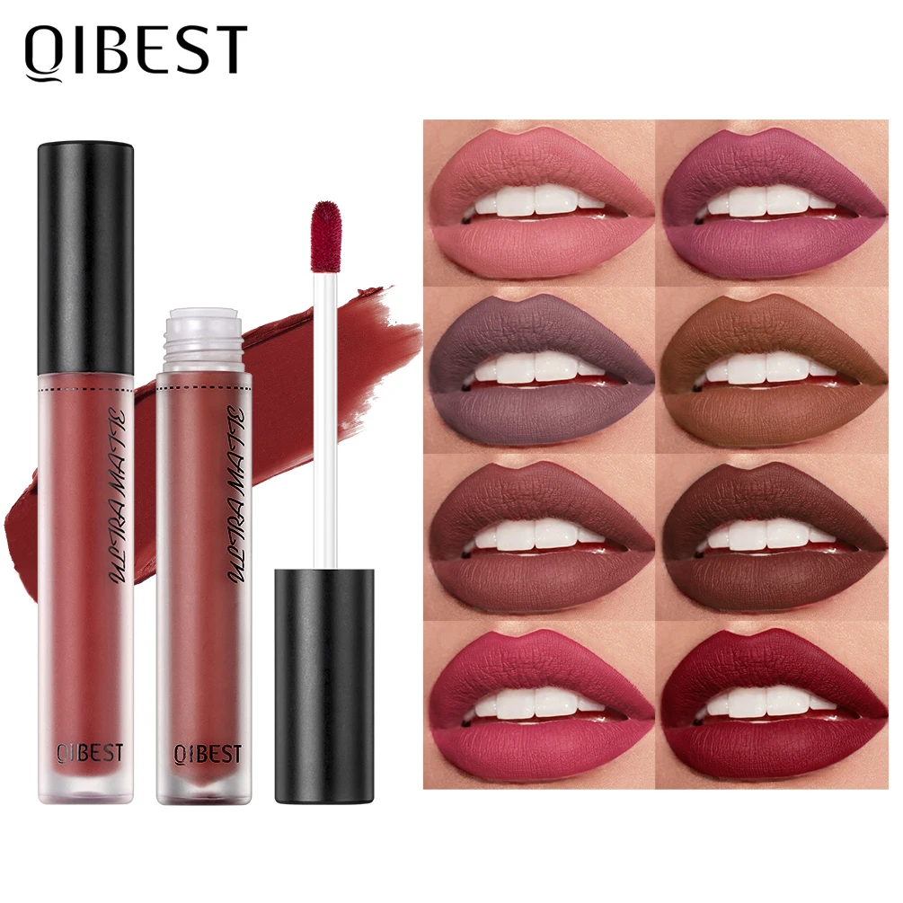 QIBEST Matte Lipgloss Makeup Liquid Lipstick Long Lasting Waterproof Velvet Sexy Red Lip Gloss Black Purple Nued Lip Tint