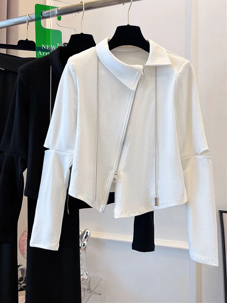 

2023 Spring Cotton Women's Coat Loose Long Sleeve Jacket Female Patchwork Jacket Zipper T Shirt Autumn Crop Top Y2K Clothes
