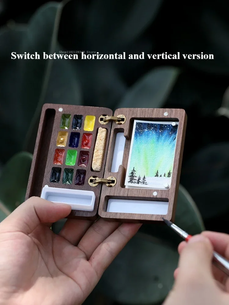 Mini Watercolor Pigment Box Solid Wood 12 Lattice Portable Freehand Sketching Travel Colour Mixing Doodle Art Painting Tool