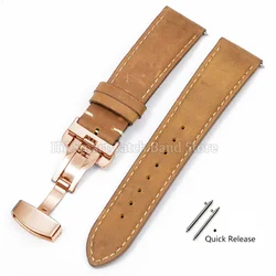 Premium Leather Cowhide Watch Strap with Quick Release and Butterfly Buckle - 18mm (YellowBrown - Rosegold)