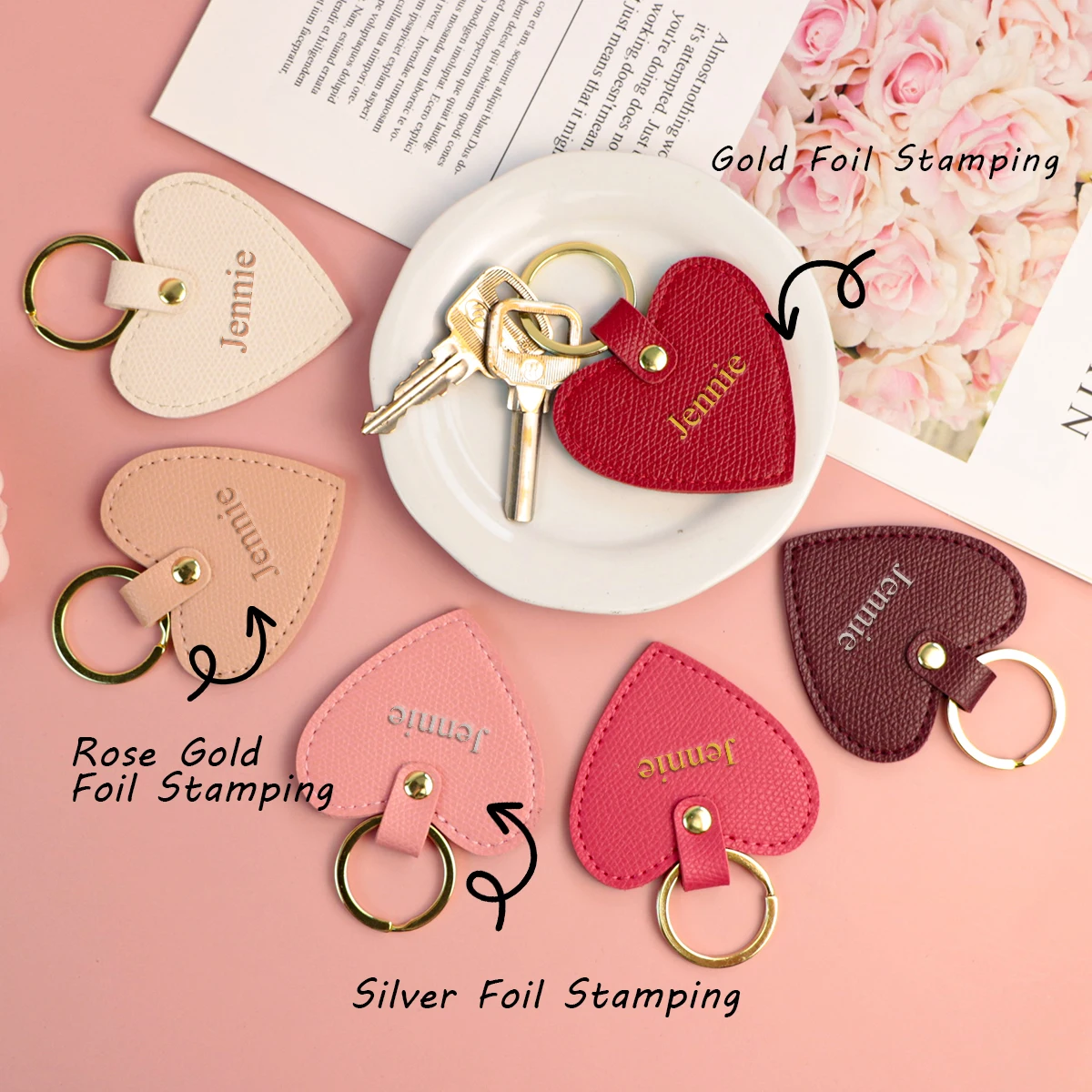 Print name free creative simple gift personalized PU heart-shaped keychain multi-color car keychain bag pendant